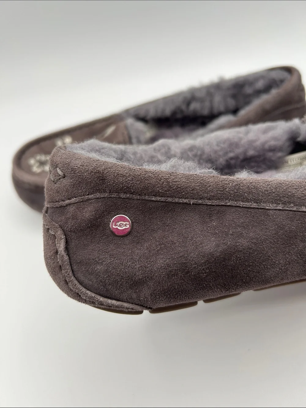 UGG Ansley Blossom Gray Suede Moccasin Slippers with Plush Shearling Lining - Picture 11 of 16